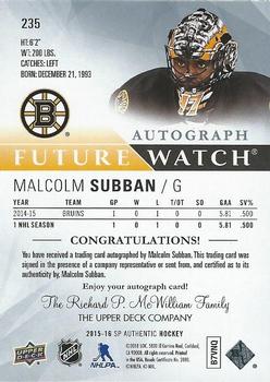 2015-16 SP Authentic #235 Malcolm Subban Back