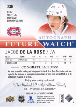 2015-16 SP Authentic #236 Jacob de la Rose Back
