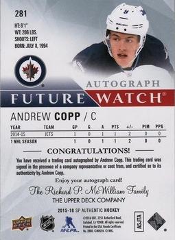 2015-16 SP Authentic #281 Andrew Copp Back