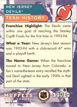 1994 Cardz Muppets Take the Ice #65 New Jersey Devils Logo Back