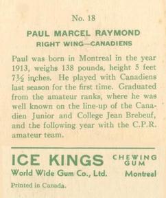 1933-34 World Wide Gum Ice Kings (V357) - English-Only Back #18 Paul Raymond Back