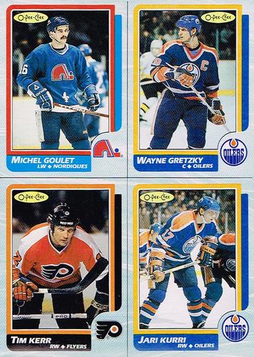 1986-87 O-Pee-Chee - Box Bottom Panels #EFGH Michel Goulet / Wayne Gretzky / Tim Kerr / Jari Kurri Front