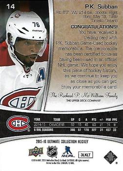 2015-16 Upper Deck Ultimate Collection #14 P.K. Subban Back