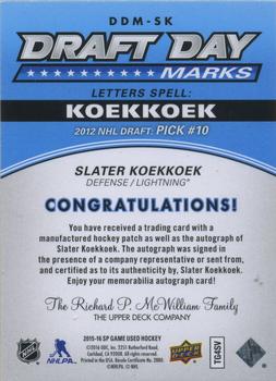2015-16 SP Game Used - Draft Day Marks Manufactured Letters Rookies #DDM-SK Slater Koekkoek Back