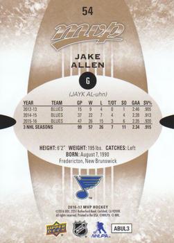 2016-17 Upper Deck MVP #54 Jake Allen Back