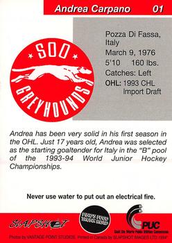 1993-94 Slapshot Sault Ste. Marie Greyhounds (OHL) #1 Andrea Carpano Back