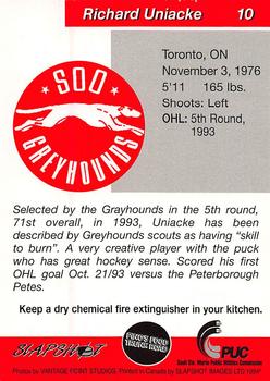 1993-94 Slapshot Sault Ste. Marie Greyhounds (OHL) #10 Richard Uniacke Back