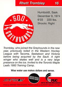 1993-94 Slapshot Sault Ste. Marie Greyhounds (OHL) #16 Rhett Trombley Back