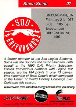 1993-94 Slapshot Sault Ste. Marie Greyhounds (OHL) #27 Steve Spina Back