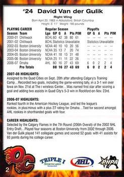 2007-08 Quad City Flames (AHL) #2 David Van Der Gulik Back