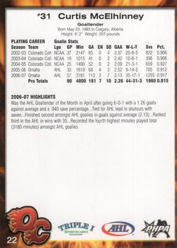 2007-08 Quad City Flames (AHL) #22 Curtis McElhinney Back