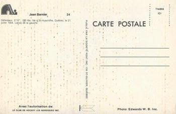 1976-77 Quebec Nordiques (WHA) Postcards #NNO Jean Bernier Back