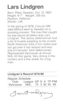 1980-81 Silverwood Dairy Vancouver Canucks #13 Lars Lindgren Back