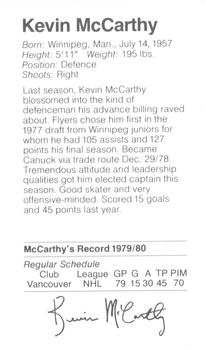 1980-81 Silverwood Dairy Vancouver Canucks #17 Kevin McCarthy Back