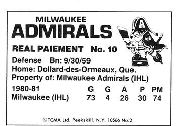 1981-82 TCMA Milwaukee Admirals (IHL) #2 Real Paiement Back