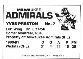 1981-82 TCMA Milwaukee Admirals (IHL) #6 Yves Preston Back