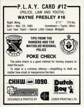 1982-83 Kitchener Rangers (OHL) Police #12 Wayne Presley Back