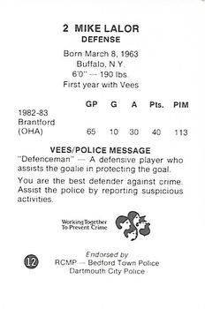 1983-84 Nova Scotia Voyageurs (AHL) Police #12 Mike Lalor Back
