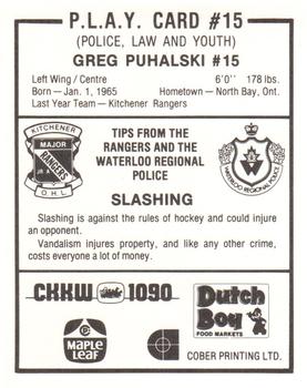 1983-84 Kitchener Rangers (OHL) Police #15 Greg Puhalski Back