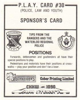 1984-85 Kitchener Rangers (OHL) Police #30 Sponsor's Card Back