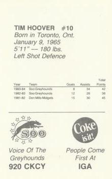 1984-85 Sault Ste. Marie Greyhounds (OHL) #NNO Tim Hoover Back