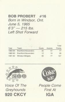 1984-85 Sault Ste. Marie Greyhounds (OHL) #NNO Bob Probert Back