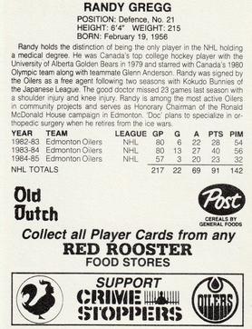 1985-86 Red Rooster Edmonton Oilers #NNO Randy Gregg Back