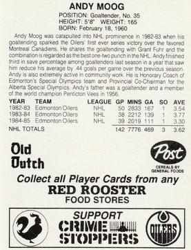 1985-86 Red Rooster Edmonton Oilers #NNO Andy Moog Back