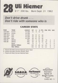 1986-87 New Jersey Devils Police #11 Uli Hiemer Back