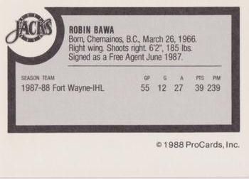1988-89 ProCards Baltimore Skipjacks (AHL) #NNO Robin Bawa Back
