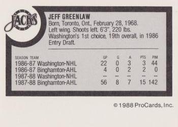 1988-89 ProCards Baltimore Skipjacks (AHL) #NNO Jeff Greenlaw Back