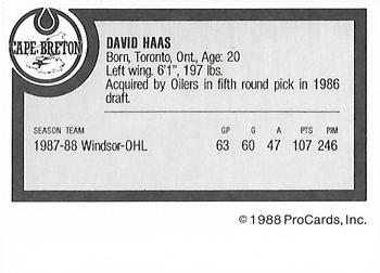 1988-89 ProCards Cape Breton Oilers (AHL) #NNO David Haas Back