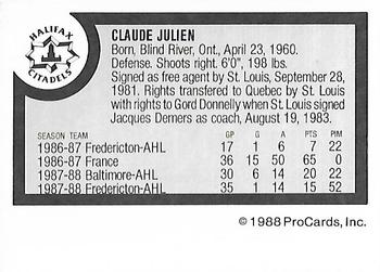 1988-89 ProCards Halifax Citadels (AHL) #NNO Claude Julien Back