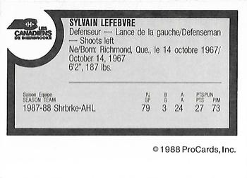1988-89 ProCards Sherbrooke Canadiens (AHL) #NNO Sylvain Lefebvre Back