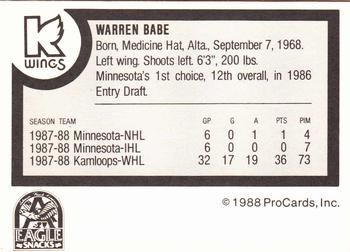 1988-89 ProCards Kalamazoo Wings (IHL) #NNO Warren Babe Back