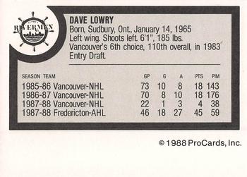 1988-89 ProCards Peoria Rivermen (IHL) #NNO Dave Lowry Back