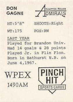 1989-90 Pinch Hit Hampton Roads Admirals (ECHL) #NNO Don Gagne Back