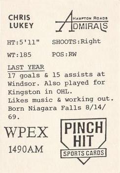 1989-90 Pinch Hit Hampton Roads Admirals (ECHL) #NNO Chris Lukey Back