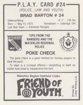 1989-90 Kitchener Rangers (OHL) Police #24 Brad Barton Back