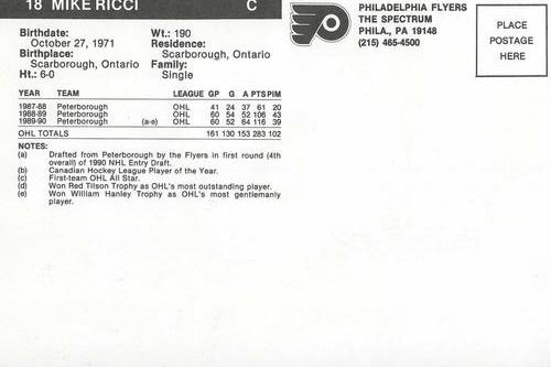 1990-91 Philadelphia Flyers Postcards #NNO Mike Ricci Back
