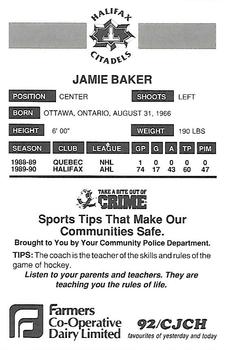 1990-91 Halifax Citadels (AHL) Police #NNO Jamie Baker Back