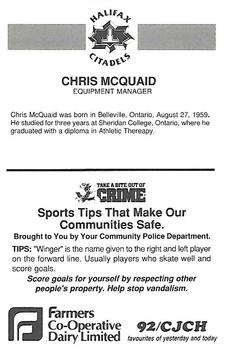 1990-91 Halifax Citadels (AHL) Police #NNO Chris McQuaid Back