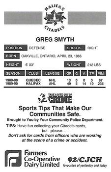 1990-91 Halifax Citadels (AHL) Police #NNO Greg Smyth Back