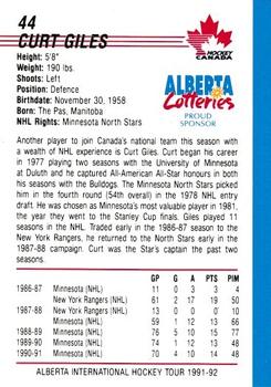 1991-92 Alberta Lotteries Canada's National Team #NNO Curt Giles Back