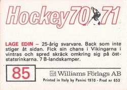 1970-71 Williams Hockey (Swedish) #85 Lage Edin Back