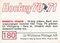 1970-71 Williams Hockey (Swedish) #180 Kenneth Ekman Back