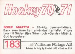 1970-71 Williams Hockey (Swedish) #183 Borje Maatta Back