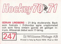1970-71 Williams Hockey (Swedish) #247 Goran Lindberg Back