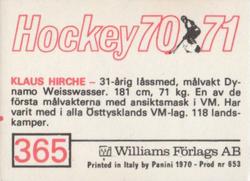 1970-71 Williams Hockey (Swedish) #365 Klaus Hirche Back