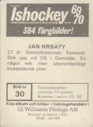 1969-70 Williams Ishockey (Swedish) #30 Jan Hrbaty Back